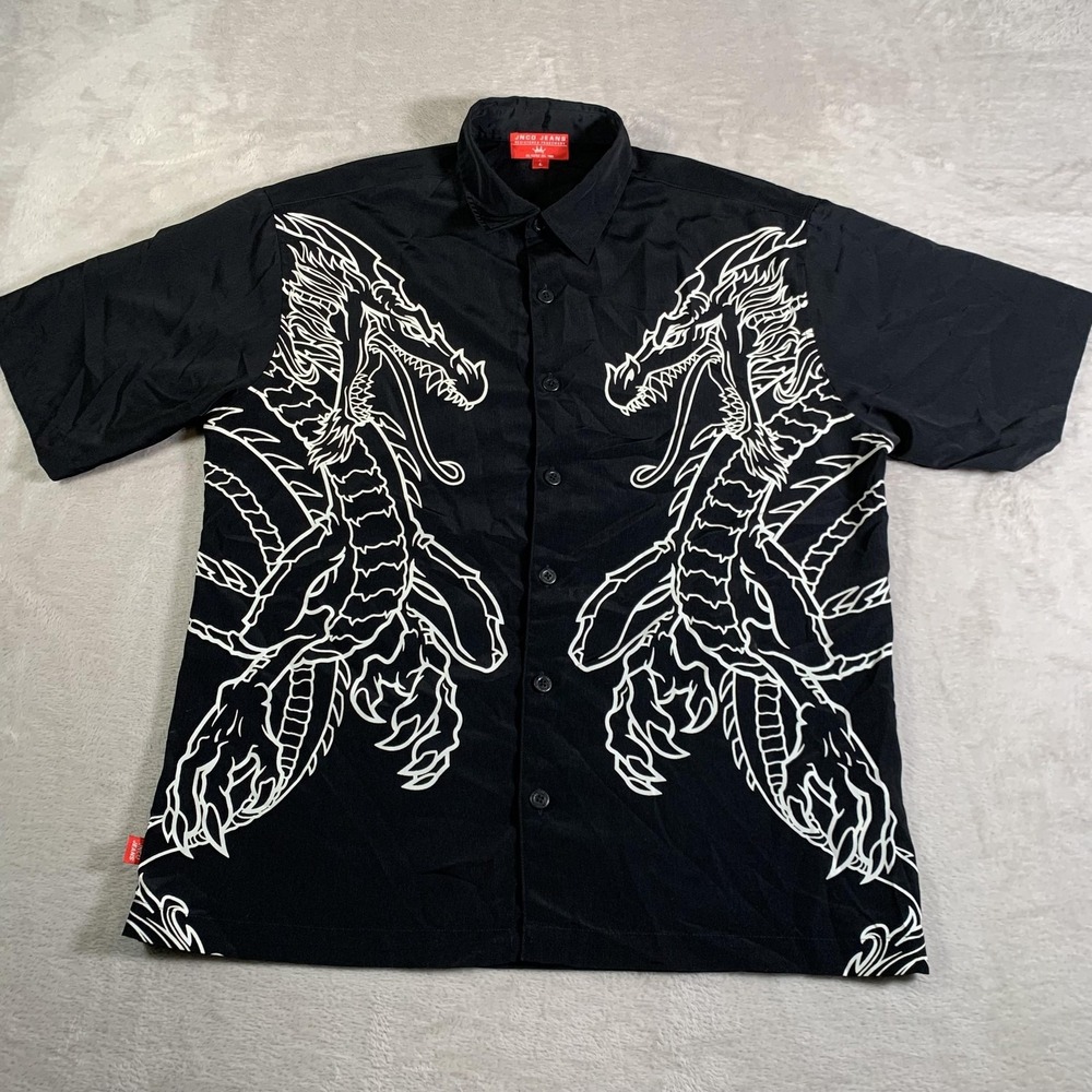 JNCO Jeans Shirt Mens Large Black Double Dragon Button Up Short Sleeve‎ Yin Yang